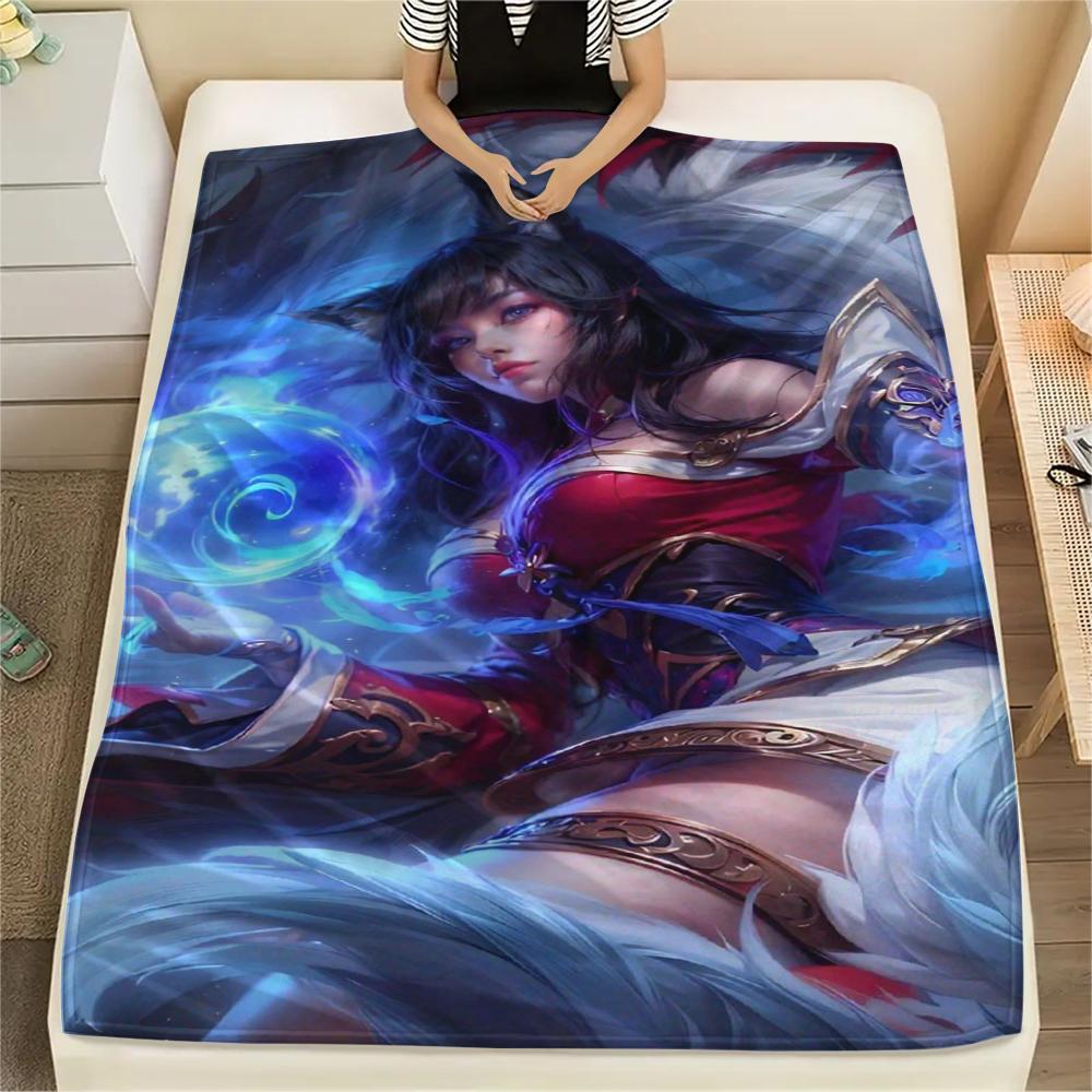 1Pc KDA Ahri Print Flannel Blanket, High Quality Comfortable for All Seasons, Home Decor, Warmth and Comfort, Perfect for Gifts