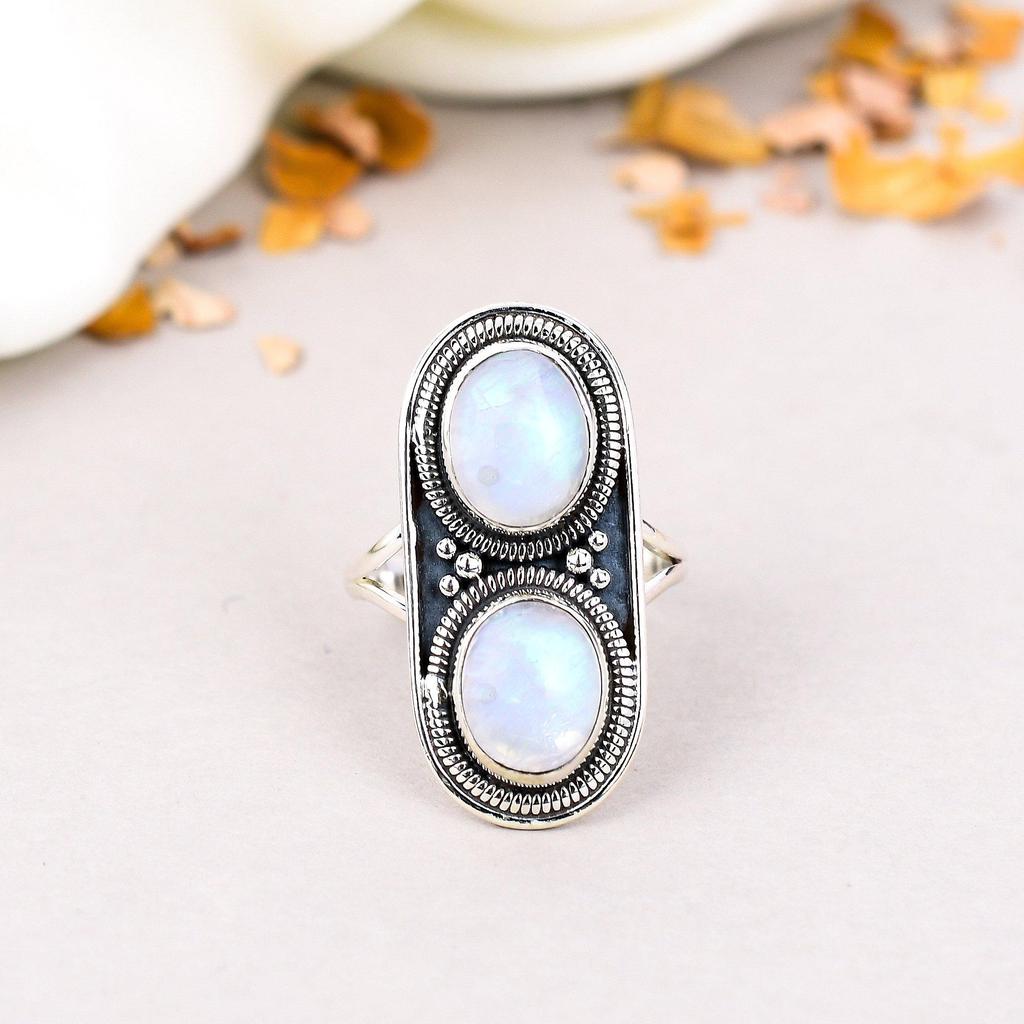 Rainbow Moonstone 925 Sterling Silver Oval Gemstone Boho Style Handmade Ring For Women