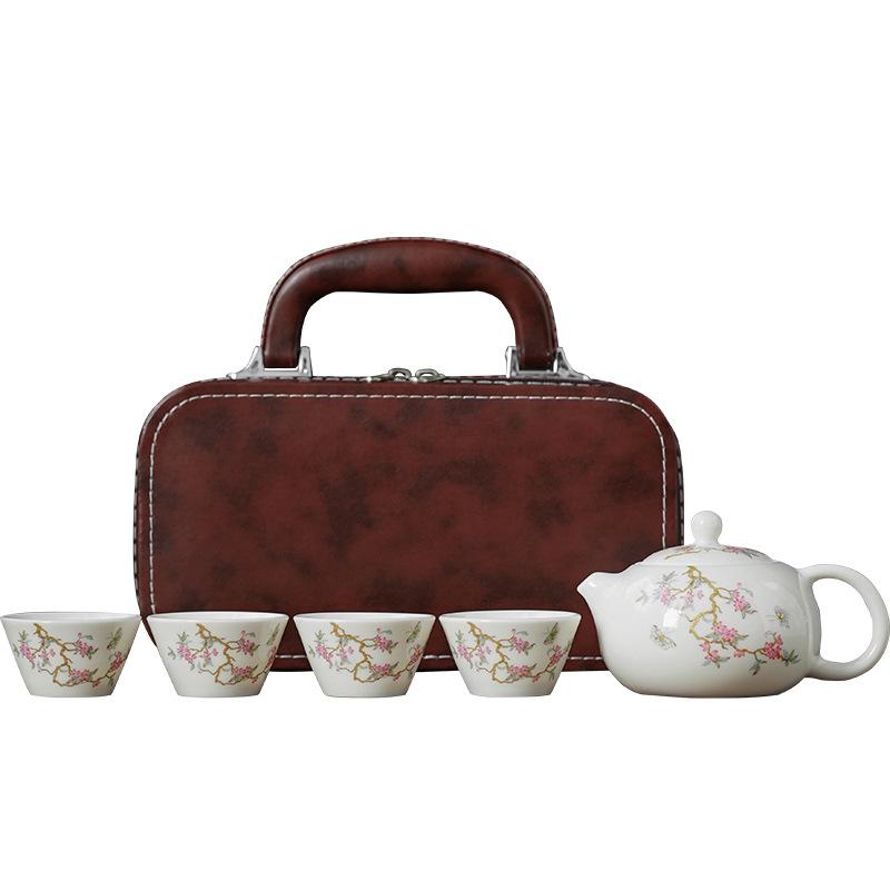 National style Wisteria flower Dehua suet jade tea set Kung Fu meeting office tea high-end leather bag can be