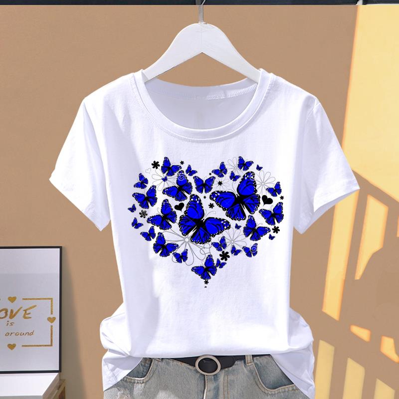 

(Asian Size) sweet butterfly love trend Clothing Print Graphic Tee Female Casual Fashion T Women s Top Short Sleeve T-shirts M