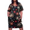 Summer Plus Size V Neck Short Sleeve Knee Pocket Gradient Print Casual Dress For Women