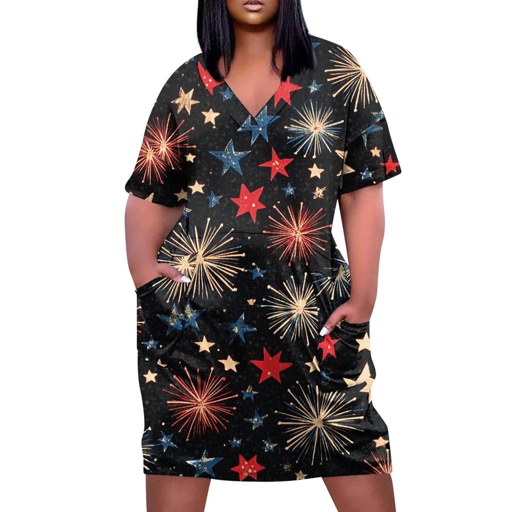 Summer Plus Size V Neck Short Sleeve Knee Pocket Gradient Print Casual Dress For Women