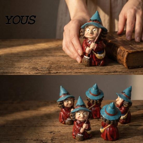 Halloween Party Decoration Witch on Broomstick Resin Figurine, Gnome Statue with Wizard Hat, For Shelf Vintage Spooky Decor for Desk Table,