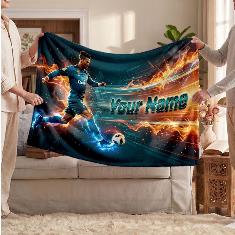 Coperta Personalizzata in Pile Cristiano Ronaldo con Logo Calcio, Testo Nome Personalizzato Morbida Calda Coperta da Divano per la Casa