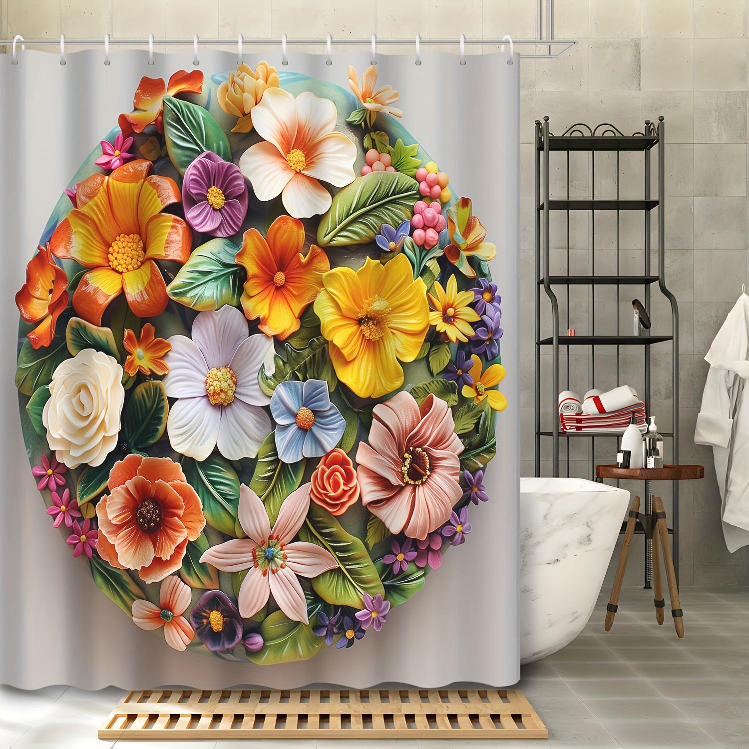 1pc Creative Handmade Artistic Floral Print Shower Curtain, Fabric Bath Accessory Shower Curtain 90x180cm35x71in