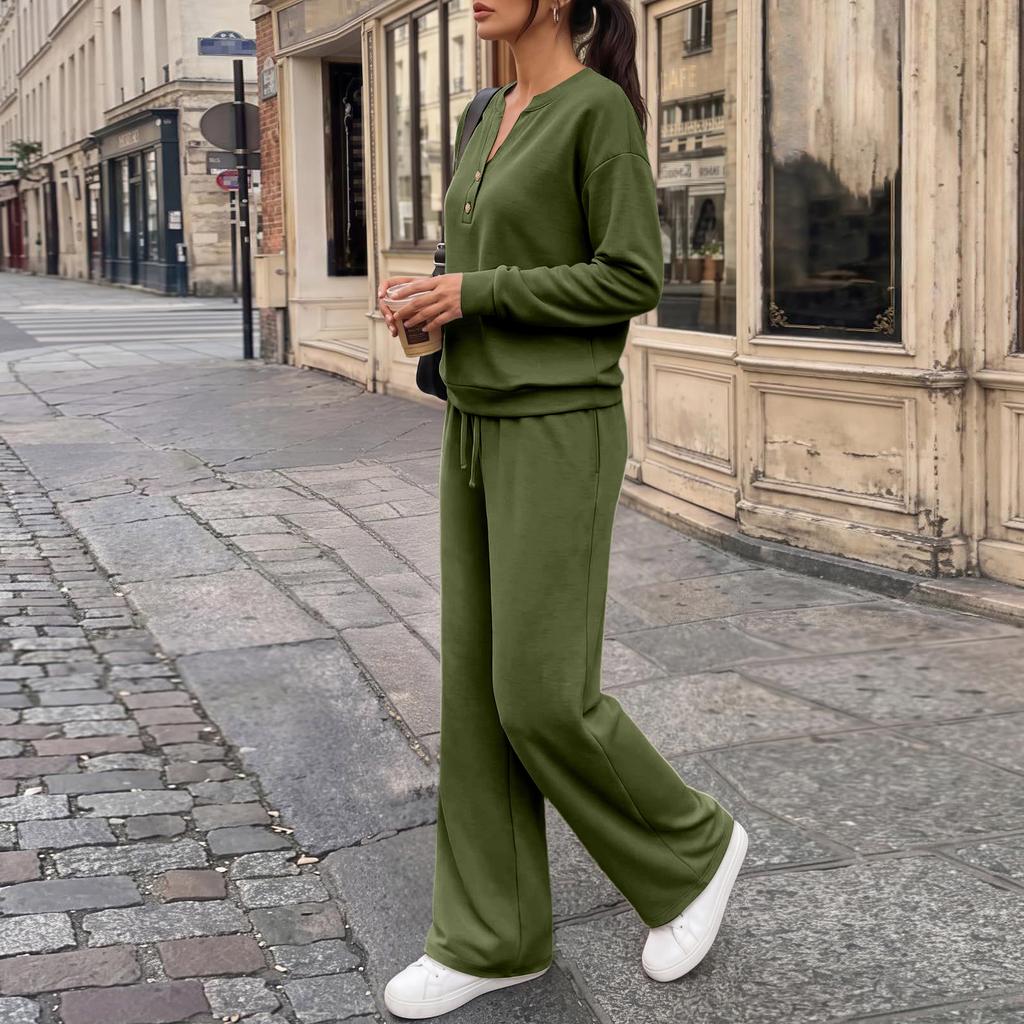 Women's Loose Fit Long Sleeve Top and Wide Leg Pants 2-Piece Tracksuit for Casual Workout