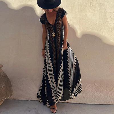 Summer Bohemian Women Long Dress Short Sleeve V-neck Loose Long Elegant Dresses Female Fashion Holiady Beach Clothes Ladies