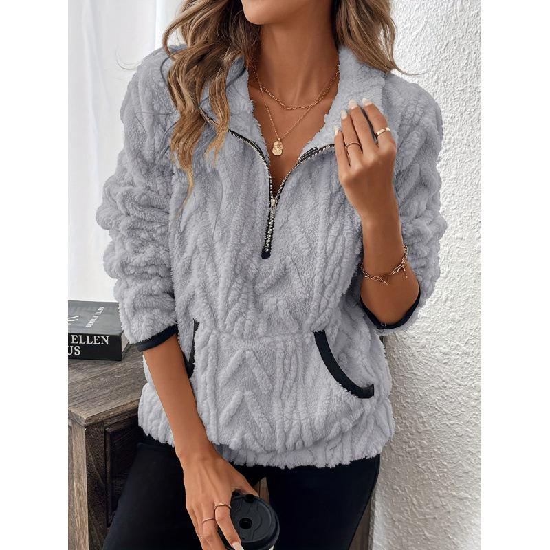 New Autumn Winter Lapel Jacquard Half Zipper Plush Pocket Short Sweatshirt Women