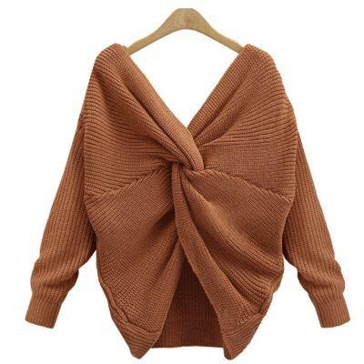 Casual Solid Knit Sweater Ladies V Neck Crew Neck Warm Daily Long Sleeve Blouse