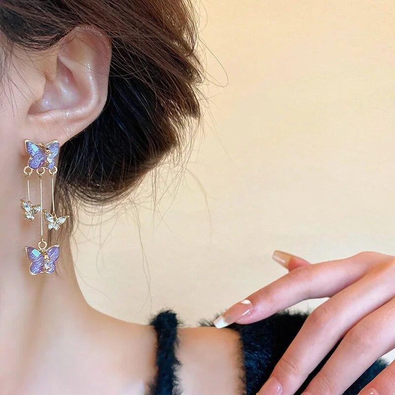Luxury Purple Butterfly Long Tassel Earrings Ladies Brincos Trendy Crystal Dangle Drop Earrings Girls Party Jewelry Accessories Gift