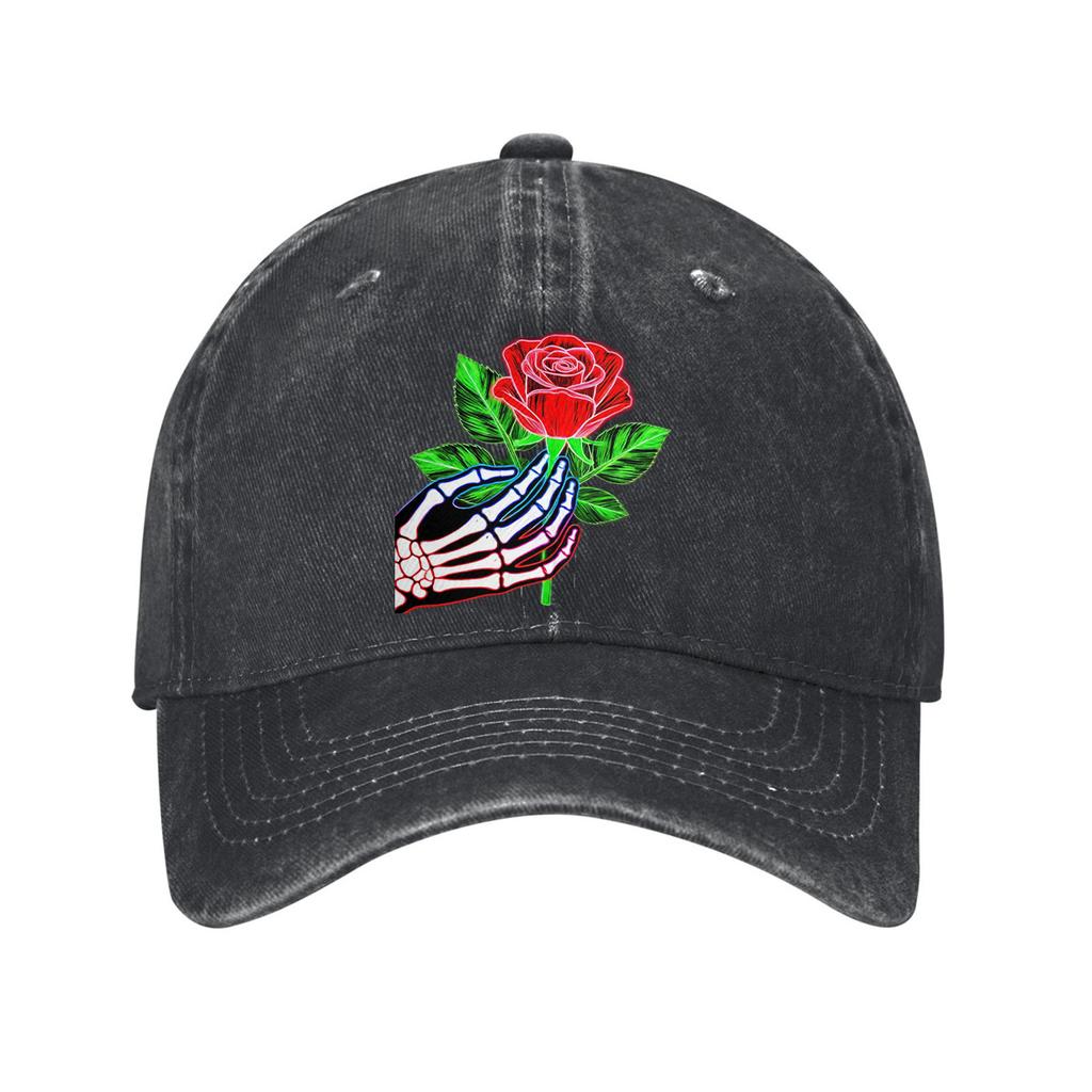 Skeleton Hand Holding Rose Baseball Cap Washed Denim Casual Adjustable Dad Hat Unisex
