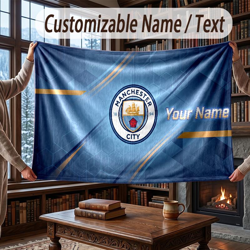 Custom Name Flannel Throw Blanket Manchester City Pattern Warm Home Decoration