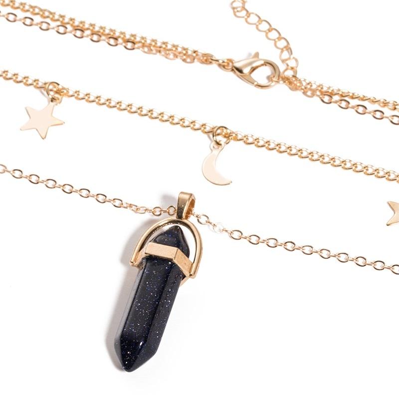 Boho-Schmuck, geometrischer Stein, Mond und Stern, mehrschichtige Anhänger-Halsketten, Halsbandkette für Frauen