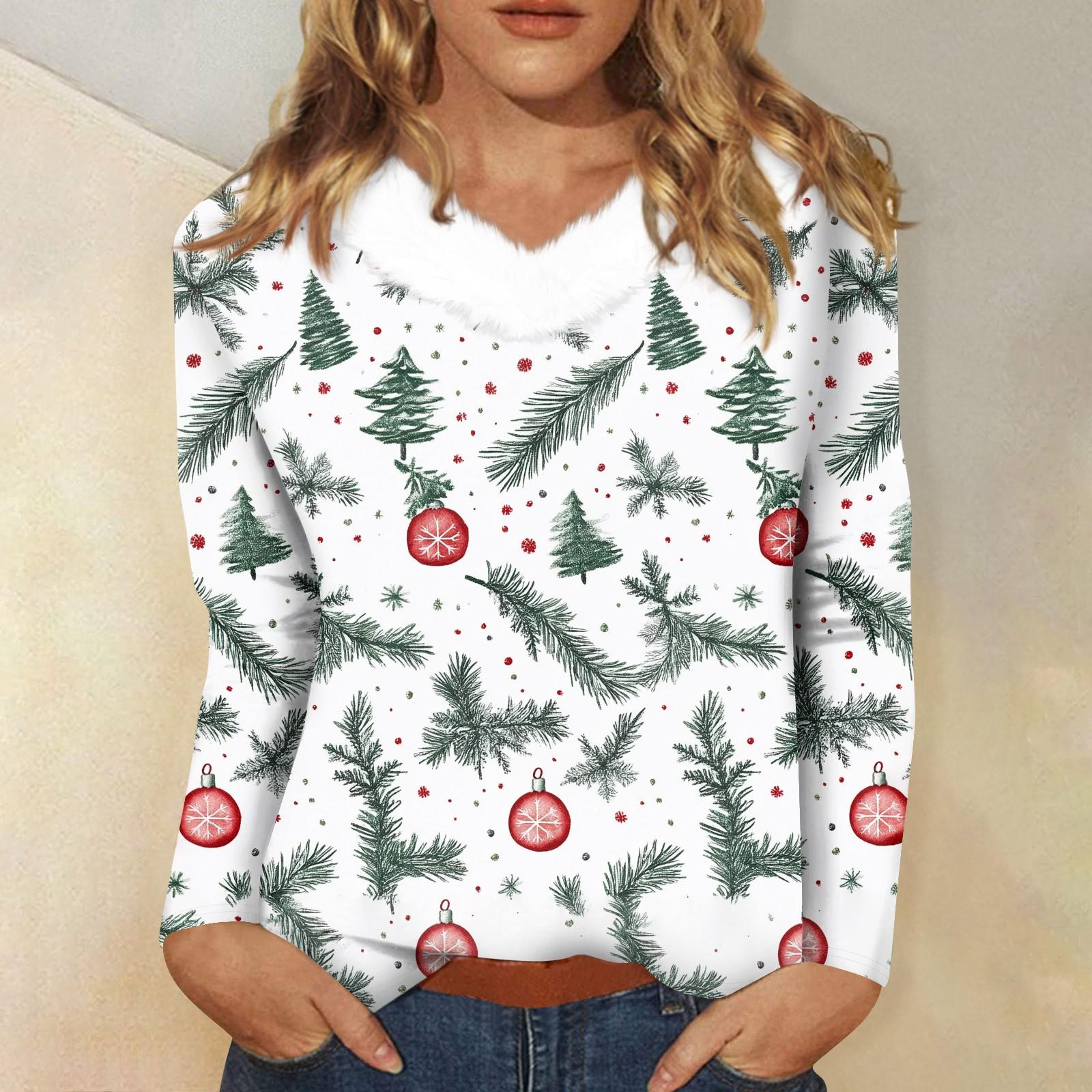 

Женская футболка с длинным рукавом, рождественская вечеринка, плюшевый воротник, топ с V-образным вырезом XL белый