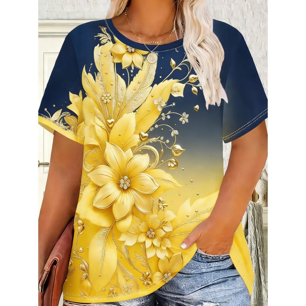 Ladies Summer Colorful Flower Printed Large Loose Casual T-shirt Fashionable Comfortable Soft Breathable Short Sleeved T-shirt