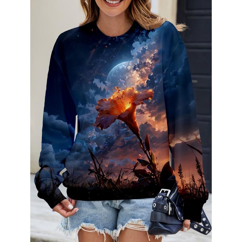 Womens Casual Hoodie With 3D Halloween Print Round Neck Lightweight Breathable Fabric