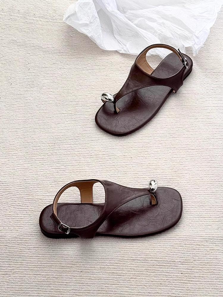 

Soft sheepskin~ Genuine leather retro one-button flat-bottomed sandals women s new open-toed sandals 40