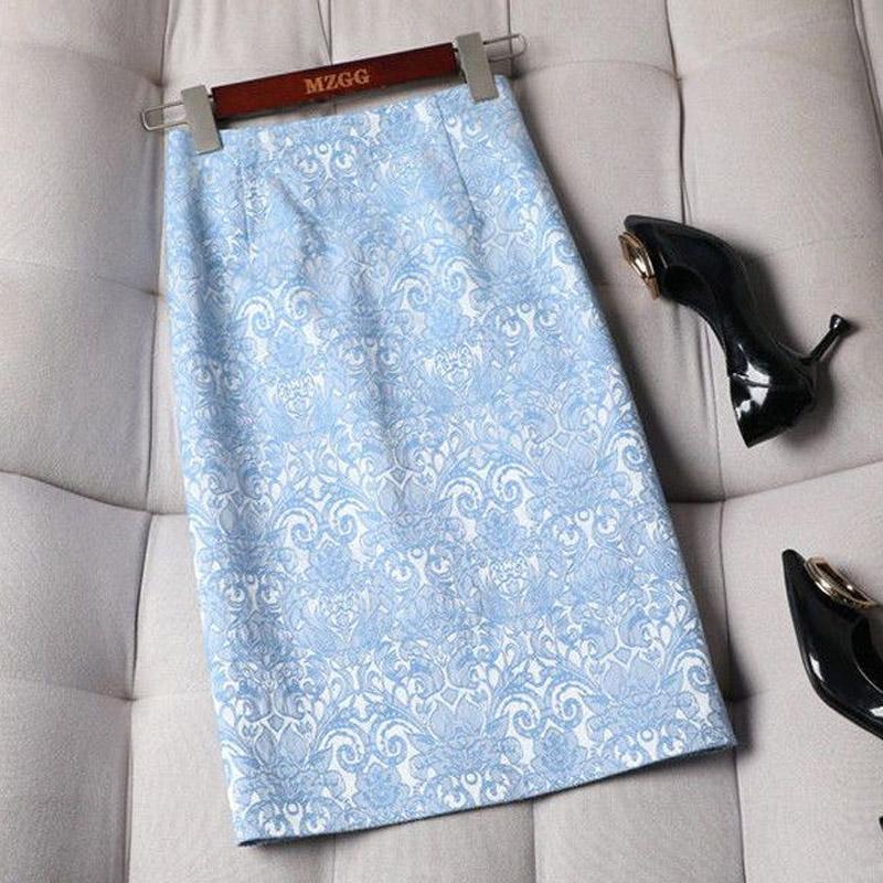 Fashion Temperament Casual Office Zipper Hip Wrap Skirt Women High Waist Blue Casual All-match Lady Classic Jacquard Skirt