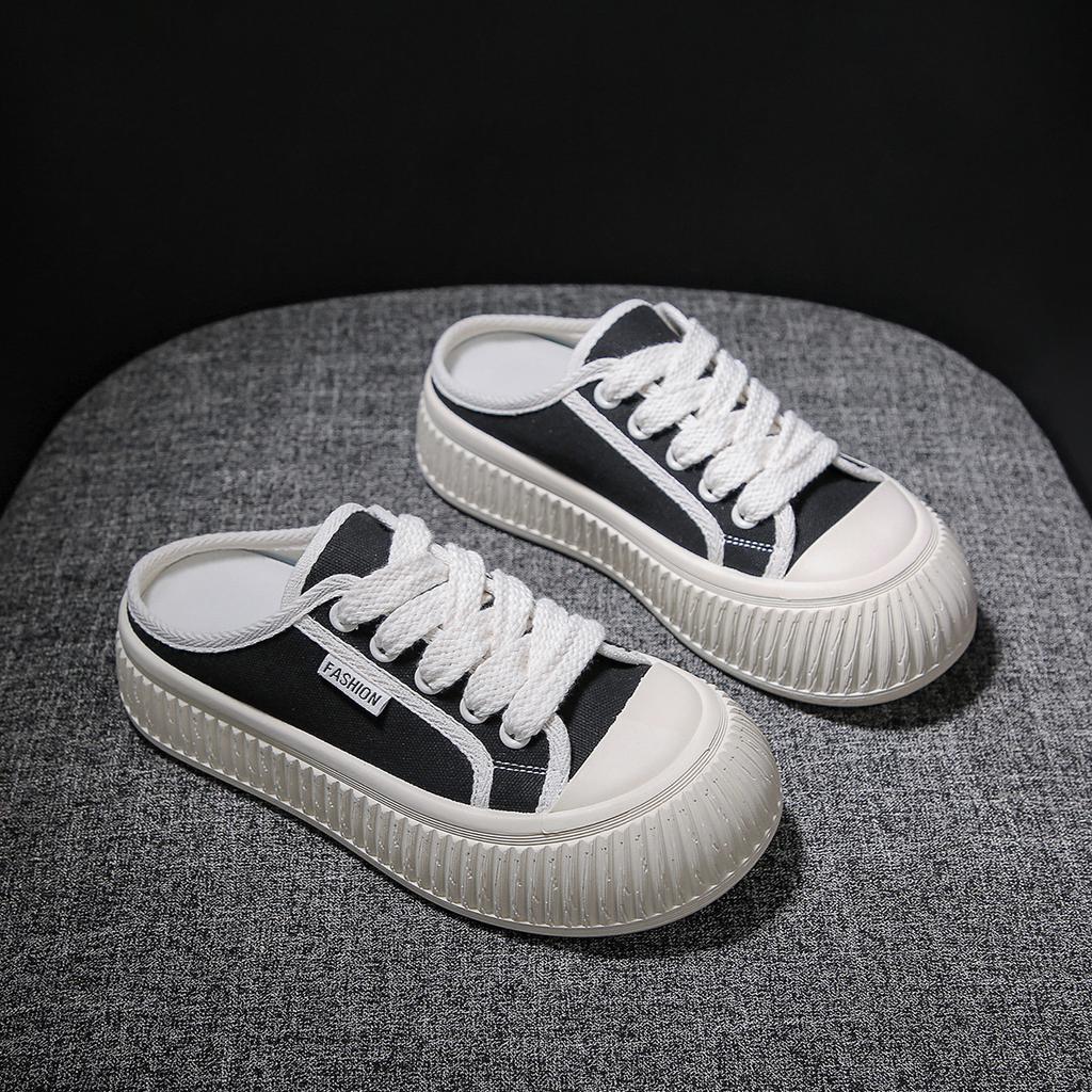 Half Dragged White Shoes for Women Breathable and Casual Canvas Shoes