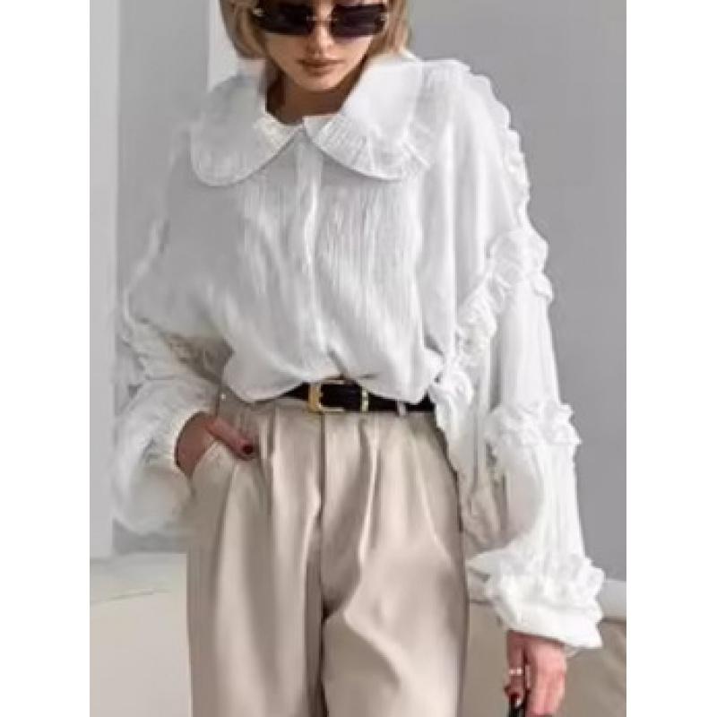 French-Style Lace Lantern Sleeve Loose Long-Sleeve Shirt For Women Spring Autumn Fashion New 100% Cotton Girls Top