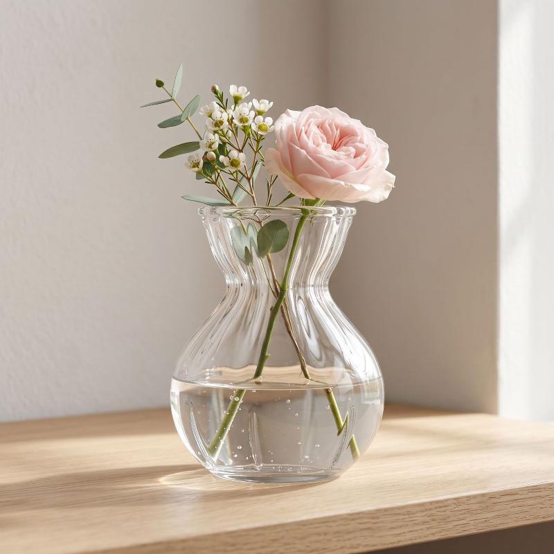 Clear Glass Flower Vase With Modern Ribbed Design Thick Durable Body For Home Dining Table Desktop Decor