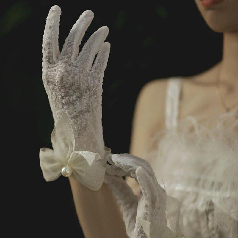 Mănuși scurte de mireasă pentru femei, mănuși de plasă, cu degetul întreg, transparente prin mărgele, cu arc, lungimea încheieturii, mănuși de petrecere pentru costum de bal