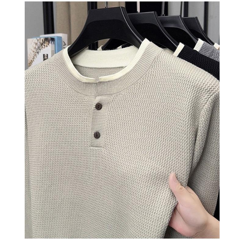 Men Fake Two Pieces Round Neck Long Sleeve Knitted Casual Pullover Sweater Top