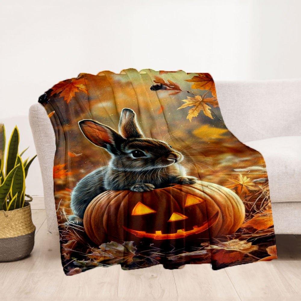 "Halloween Pumpkin Bunny Decor"Blanket Flannel Throw Blanket for Sofa, Bed, Travel, Camping, Office