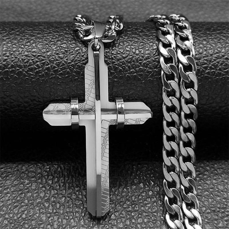 New Men's Stainless Steel Cross Necklace with Diamonds, Vacuum Plating, Non-fading Hip-hop Accessories