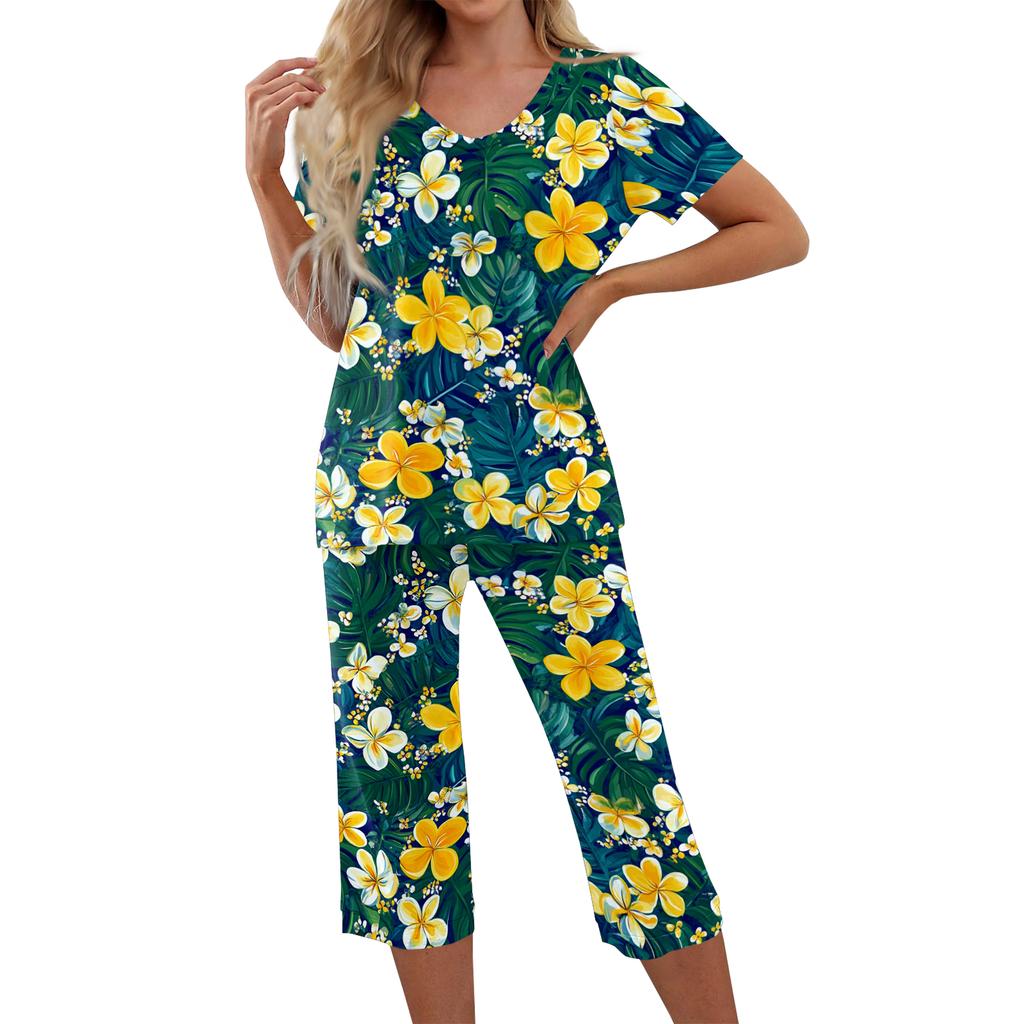 2 Piece Sets For Women Short Sleeve Top And Pants With Pockets Workout Soft Print Sets