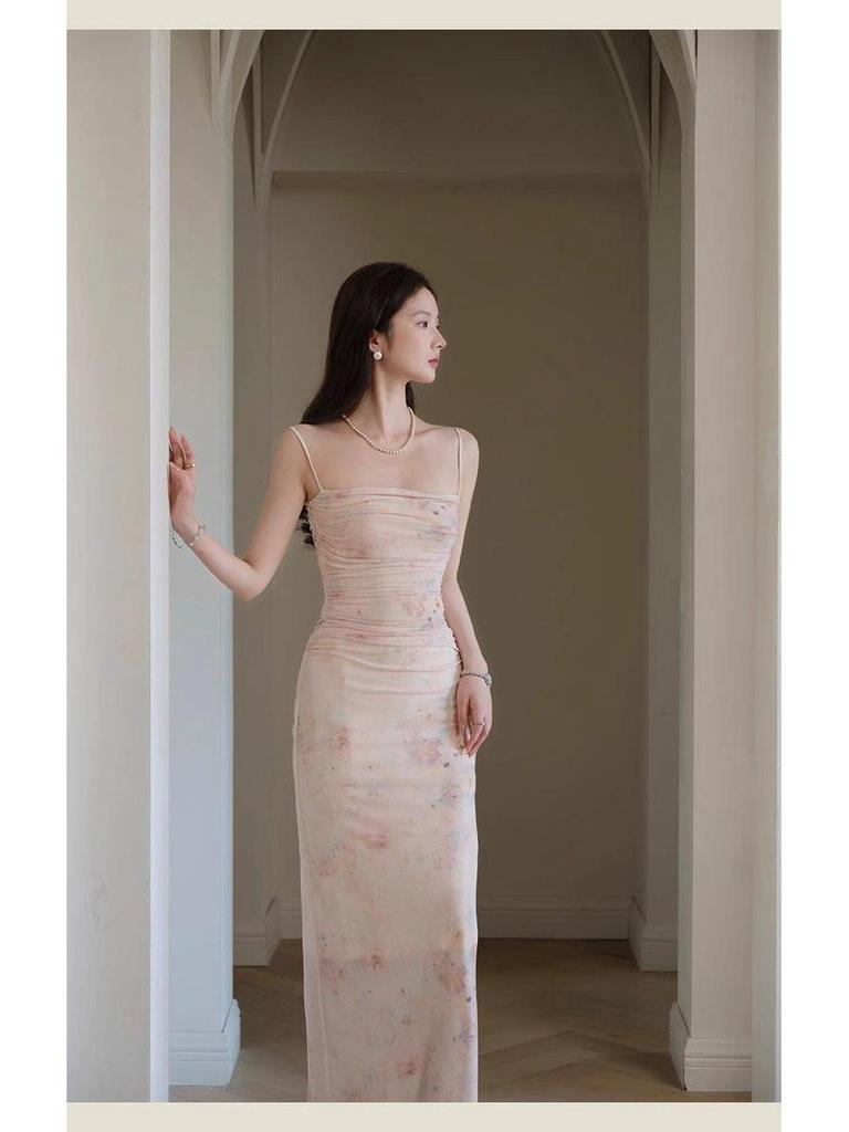 Off-Shoulder Floral Maxi Dress for Women, Slimming Mesh Waist, Gentle Summer Style