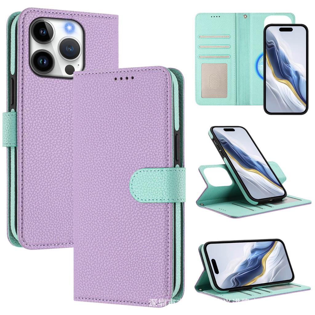Applicable To iPhone17 Leather Case Samsung S25 Lychee Pattern Splicing Contrasting Color Split Magnetic Attraction Two-in-one Google 10Pro