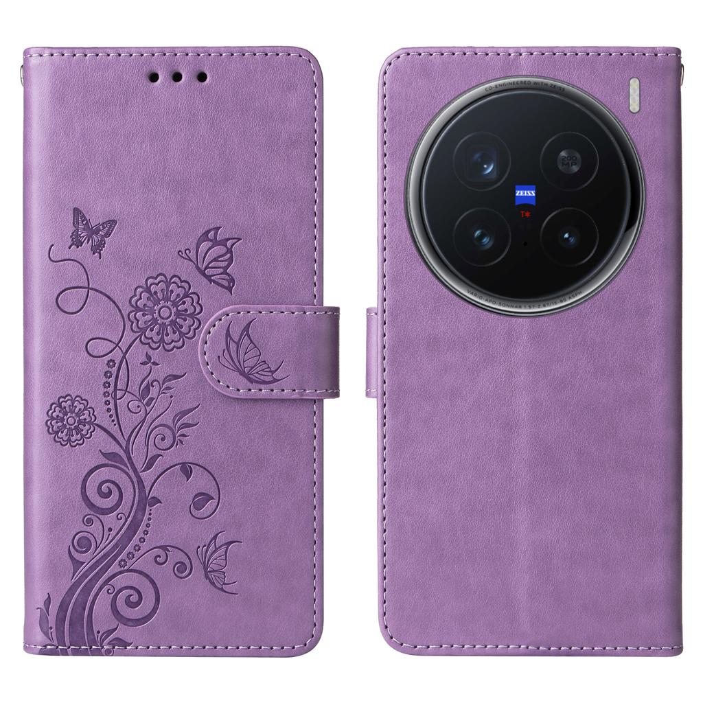 For Vivo X200 Pro 5G Leather Case Butterfly Floral Imprint Wallet Stand Cover