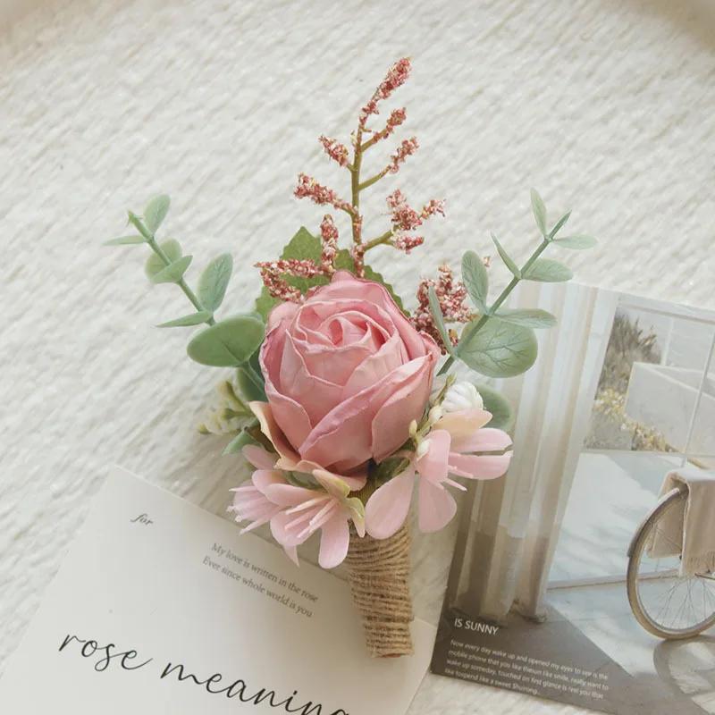 6pcs Pink Corsage Boutonniere Set for Bride Groom Bridesmaids Groomsmen Wedding Cerenony Homecoming Prom Suit Flowers