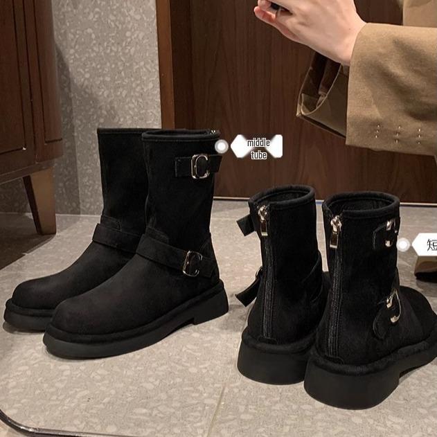 Women's Retro Motorcycle Buckle Boots - 2025 New Skinny Design, Round Toe, Thick Sole, Chunky Heel, Height Increasing, Mid-Calf, Autumn/Winter Style.