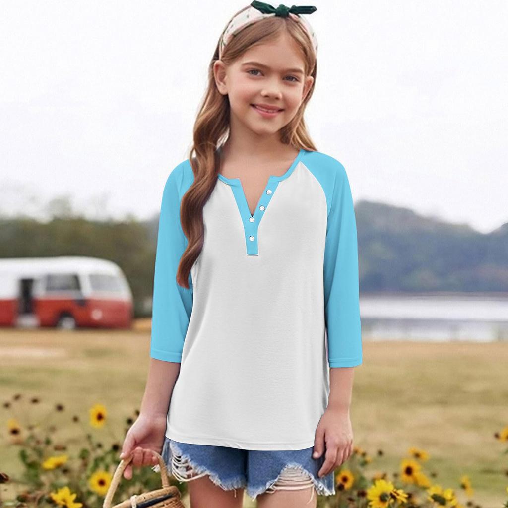 Print Tops For Youth Girls Round Neck 3/4 Sleeves T-Shirts Trendy Tops Outfit Tees