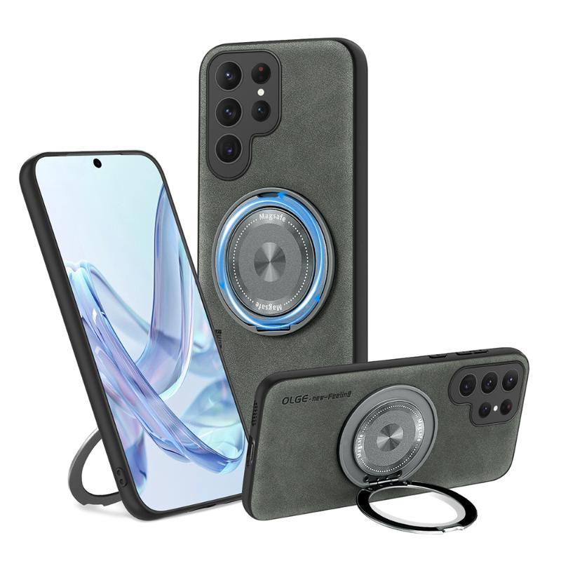 For Magsafe Magnetic 360°Rotat Metal Car Bracket Ring Leather Phone Case For Samsung S25 Ultra S23 S20 S21 S22 S24 Ultra Plus FE