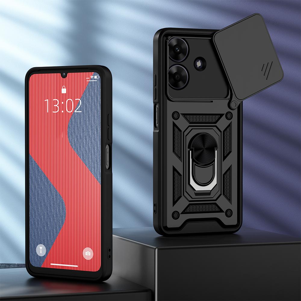 KEYSION Shockproof Armor Case for Realme Note 60 60X Slide Camera Protection Ring Stand Phone Back Cover for Realme Note 60X