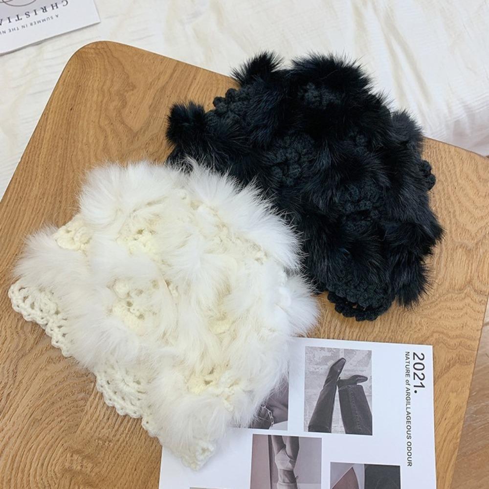 Korean Style Hand Crochet Cap Plush Faux Fur Hat Luxury Mesh Cap Women