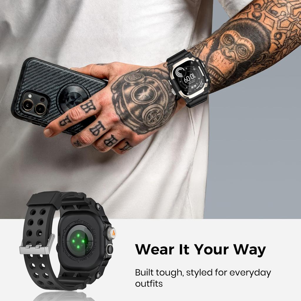 Robustes Integrationsband mit Hülle für Apple Watch Ultra 3/2/1 49mm Sport-Silikonarmband mit Metall-Stoßfängerabdeckung für iWatch Ultra