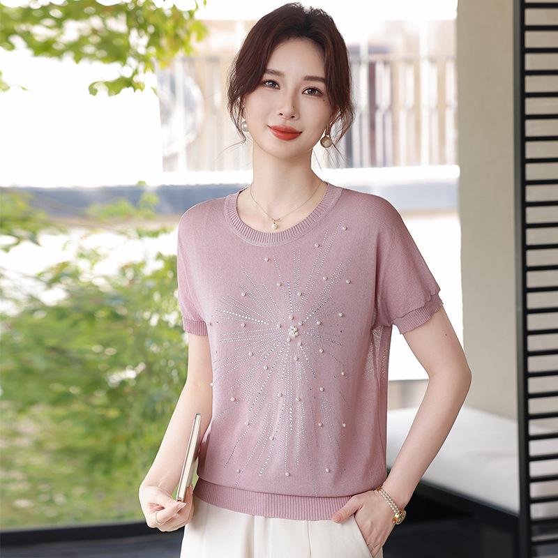 Stylish Summer Ice Silk Short-Sleeve Top for Mom - Knitted Cardigan T-shirt for Middle-Aged & Elderly Women, 2026 Collection