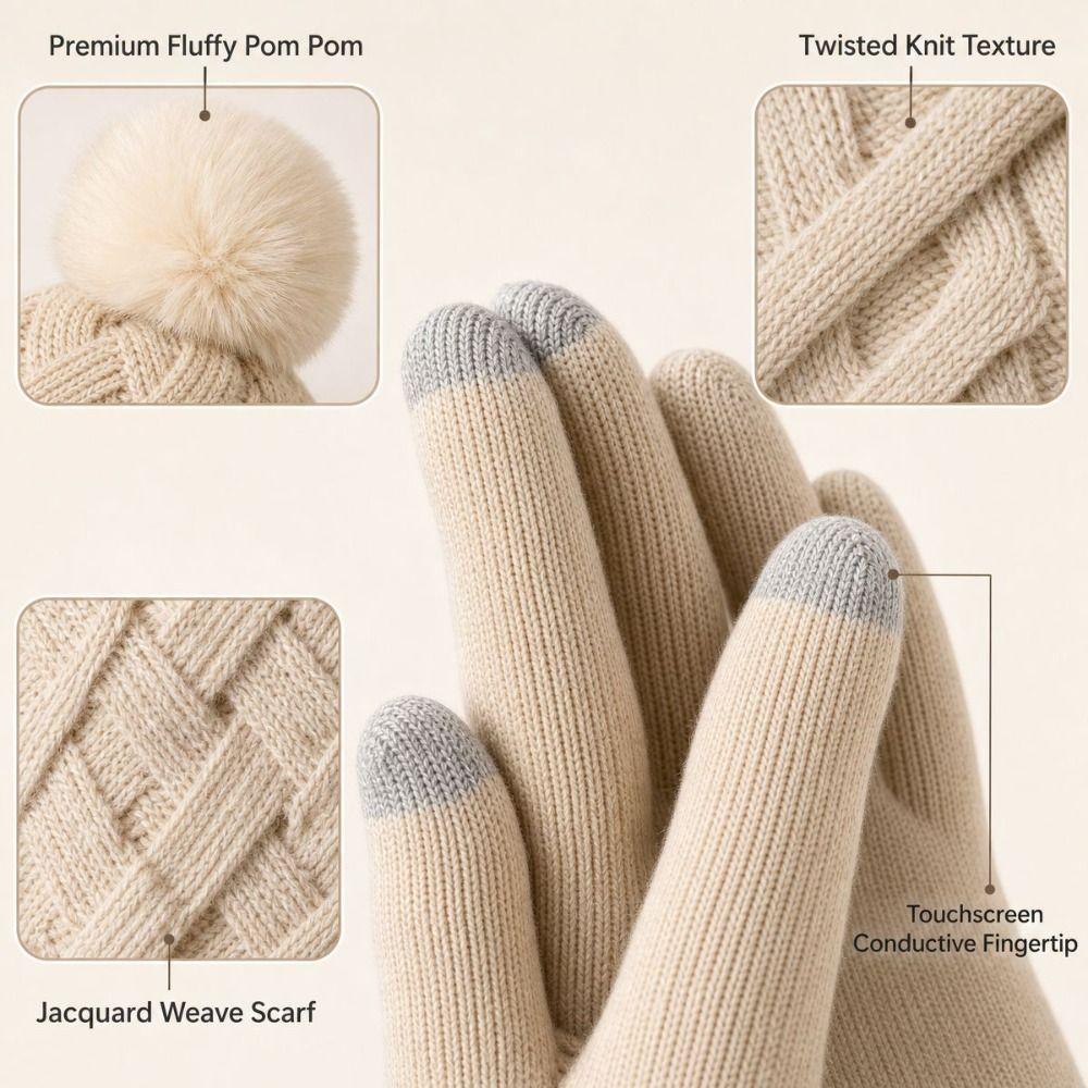 3Pcs/Set Warm Knit Beanie Snood Set Thicken Touchscreen Gloves Scarf Neck Warmer Suit  Unisex