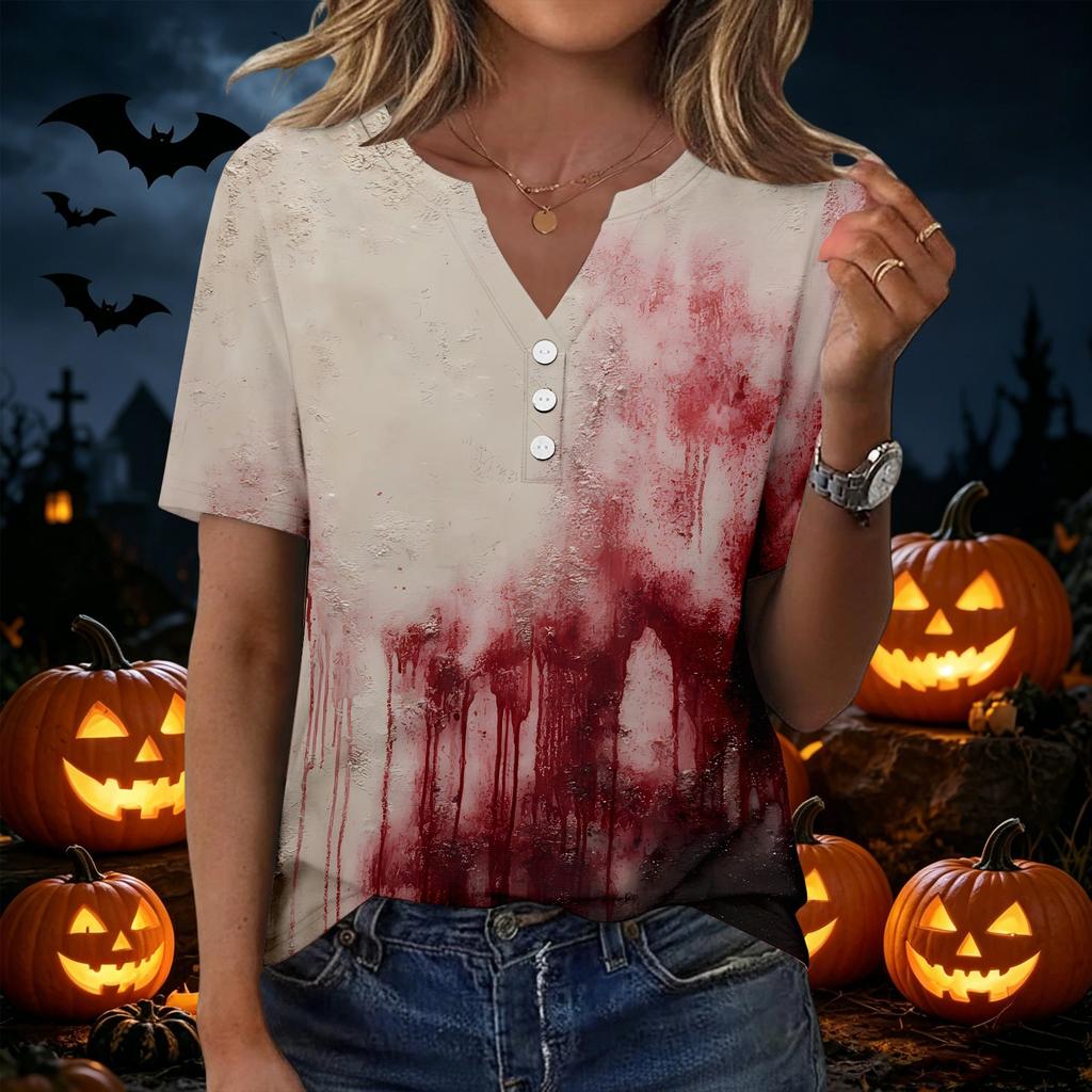 Women's Casual V Neck Short Sleeve Button T Shirt Halloween Spider Web Print Lightweight Top for Everyday Wear and Seasonal Occasions