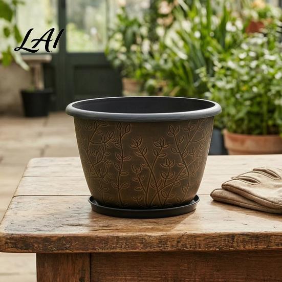 Planter Pots for Home Decor 12 Inch Thickened Flower Outdoor Indoor Plastic Leaf-Pattern Texture Deep Containers Flowers with Drainage Hole & Saucer,