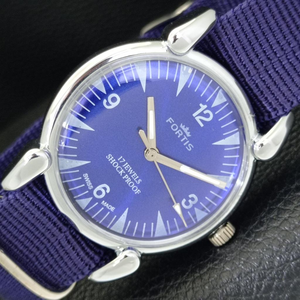 VINTAGE HAND-WINDING REFURBISHED SWISS MENS BLUE COLOR DIAL WATCH A700818-5 R205a-a700818