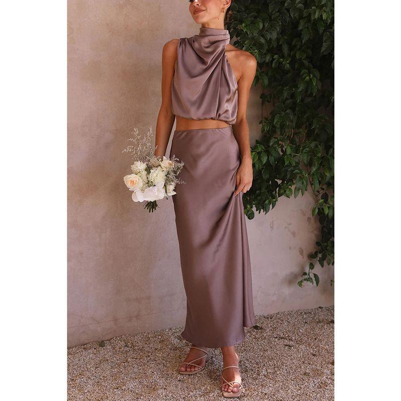 Solid Color Sleeveless Pleated Skirt Set Pure Color Sleeveless Pleated Skirt Suit Women