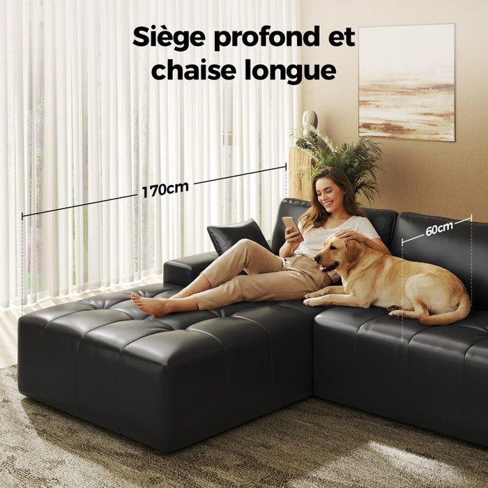 Left Corner Sofa 263x171x 59cm 4 Seats, Free Combination, Without Assembly L-shaped Sofa with Chaise Longue Black In Faux Leather