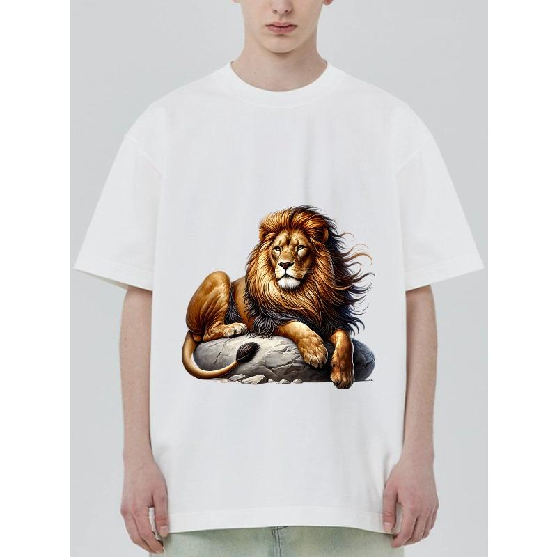 Lion Print T Shirt Black Majestic Lion Resting On Rock Graphic Design Casual Wear for Men and Women Streetwear Fashion Outfit Summer Top