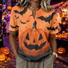 Women's Short Sleeve Henley Neck Shirt Cotton Linen Blend Casual Button Front Top Halloween Pumpkin Print