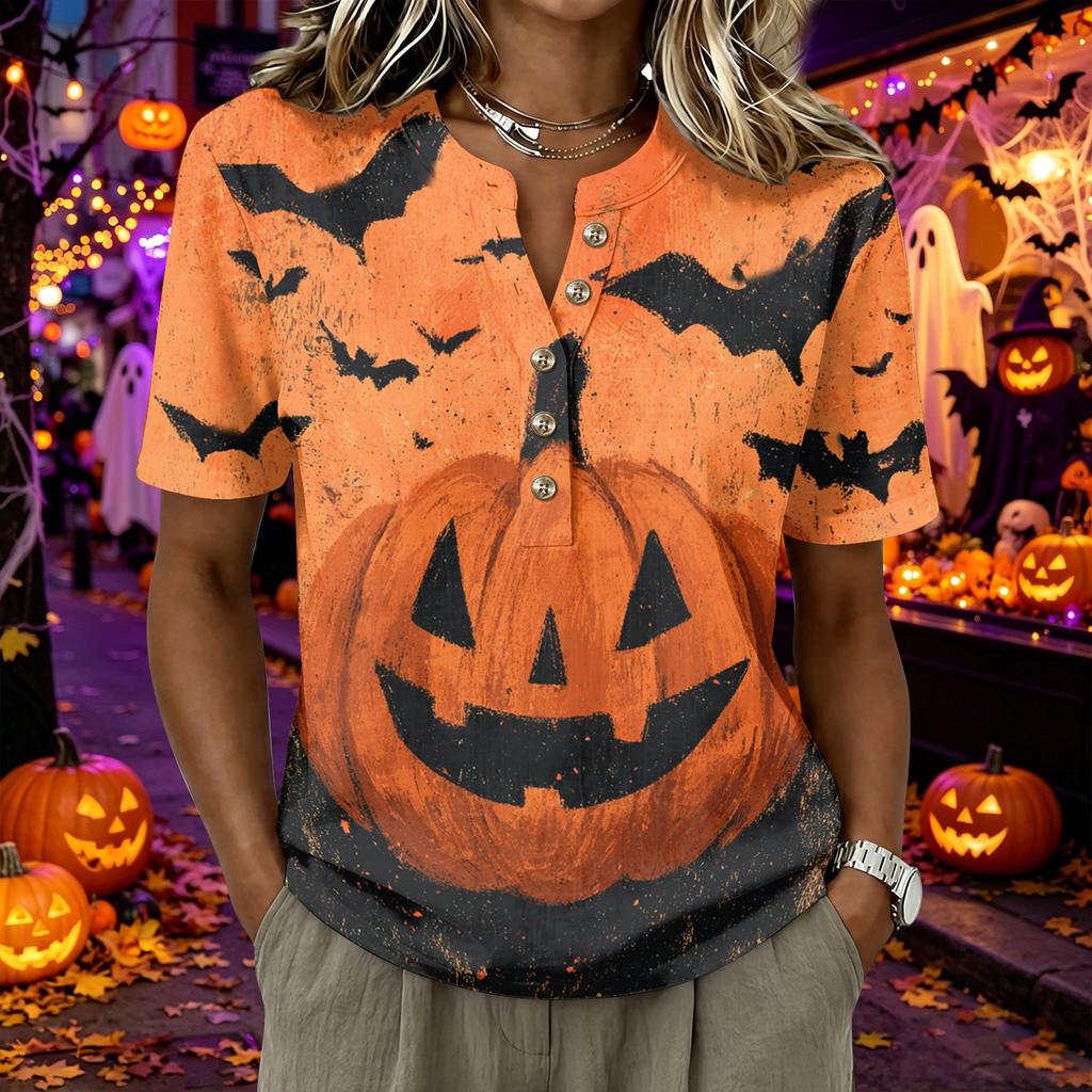 Women's Short Sleeve Henley Neck Shirt Cotton Linen Blend Casual Button Front Top Halloween Pumpkin Print